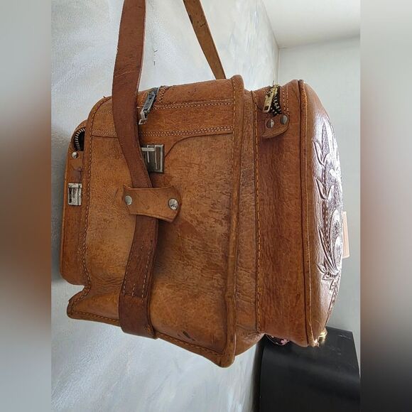 Tooled Leather Weekender Overnight Travel Handcrafted Structured Travel Bag Tan - Picture 10 of 16